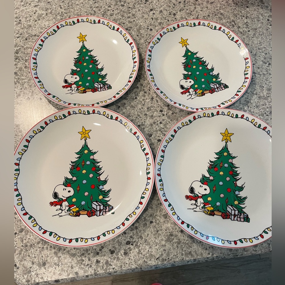 Peanuts Snoopy woodstock Christmas 4 pc Gibson Overseas plates service for 2